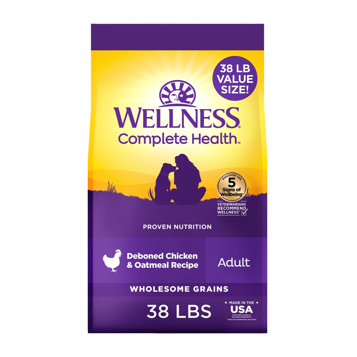 Wellness Complete Health Adult Dry Dog Food, Wholesome Grain Kibble, Natural, Chicken and Oatmeal Recipe, 30 lb Bag
