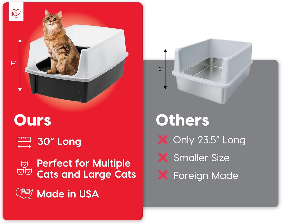 IRIS USA Extra Large Litter Box XXL Open Top High Sided Walls Scatter Shield Scoop Included Easy Clean Plastic Pan for Big Cats Multi-Cat Households 30" L x 20" W x 14" H Black