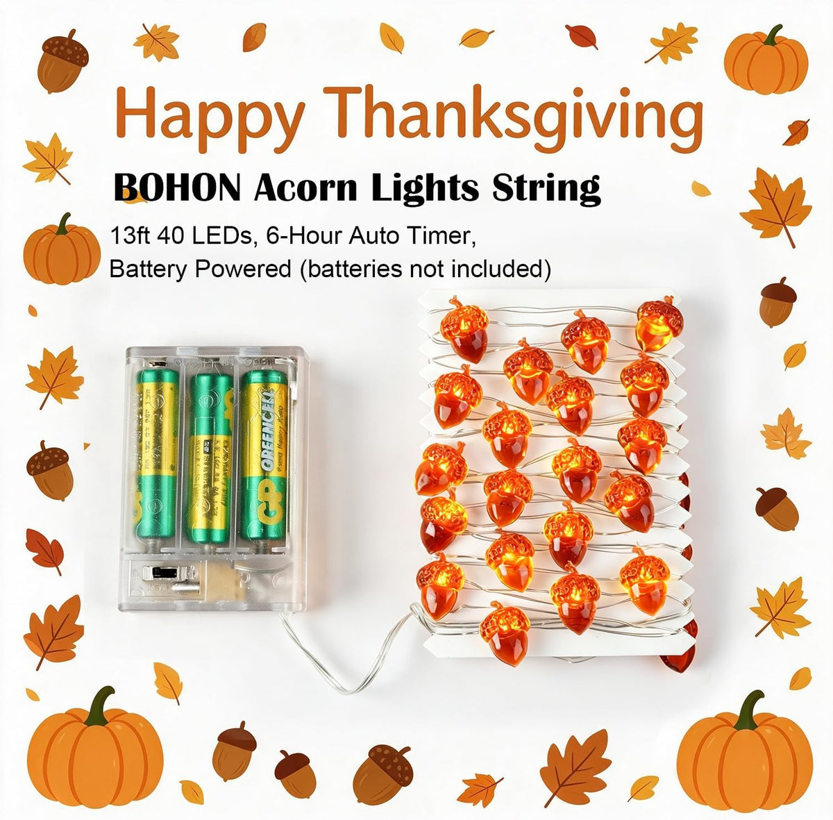 Thanksgiving Decoration 13ft 40 LED Acorn Fall Fairy Lights Battery Powered