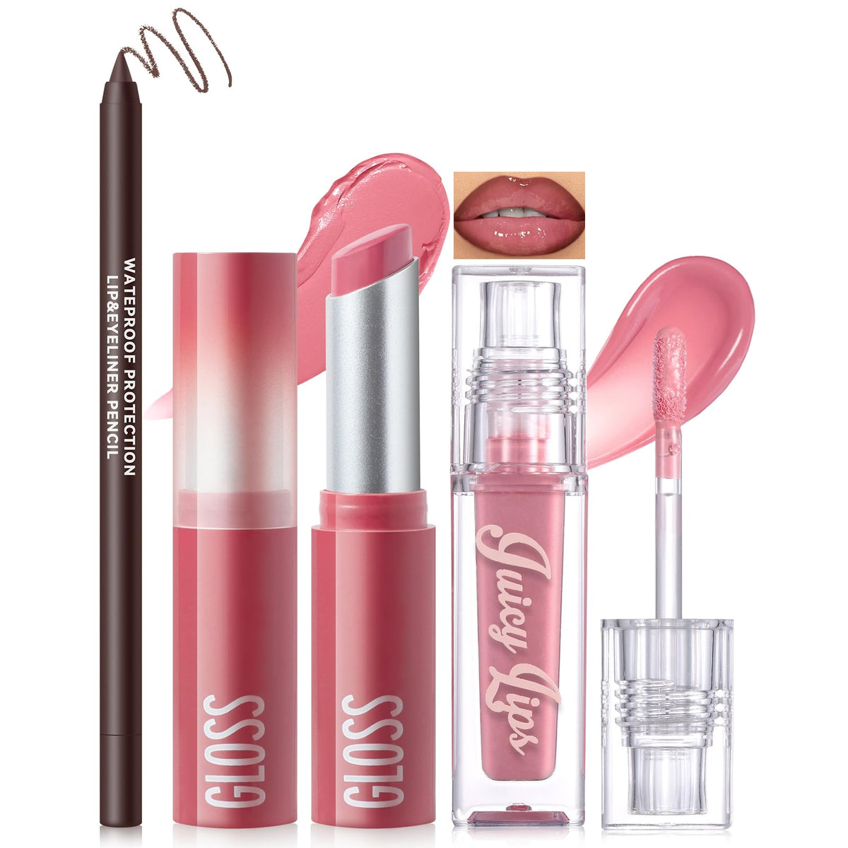 Noerrors 3Pcs Lip Combo Set, Lip Kit with Brown Plumping Lip Liner & Nourishing Lipstick & Nude Glossy Lip Gloss, Long-Lasting, Lightweight, Non-Sticky, Juicy Nude Pink Lip Contour Trio Set for Women