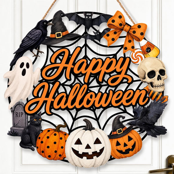 Halloween Wreath for Front Door Wooden Ghost Pumpkin Door Sign Wall Decor | Farmhouse Pumpkin Black Cat Wreath with Happy Halloween Sign for Porch Window Wall Home Decoration Indoor Outdoor 12x12 Inch