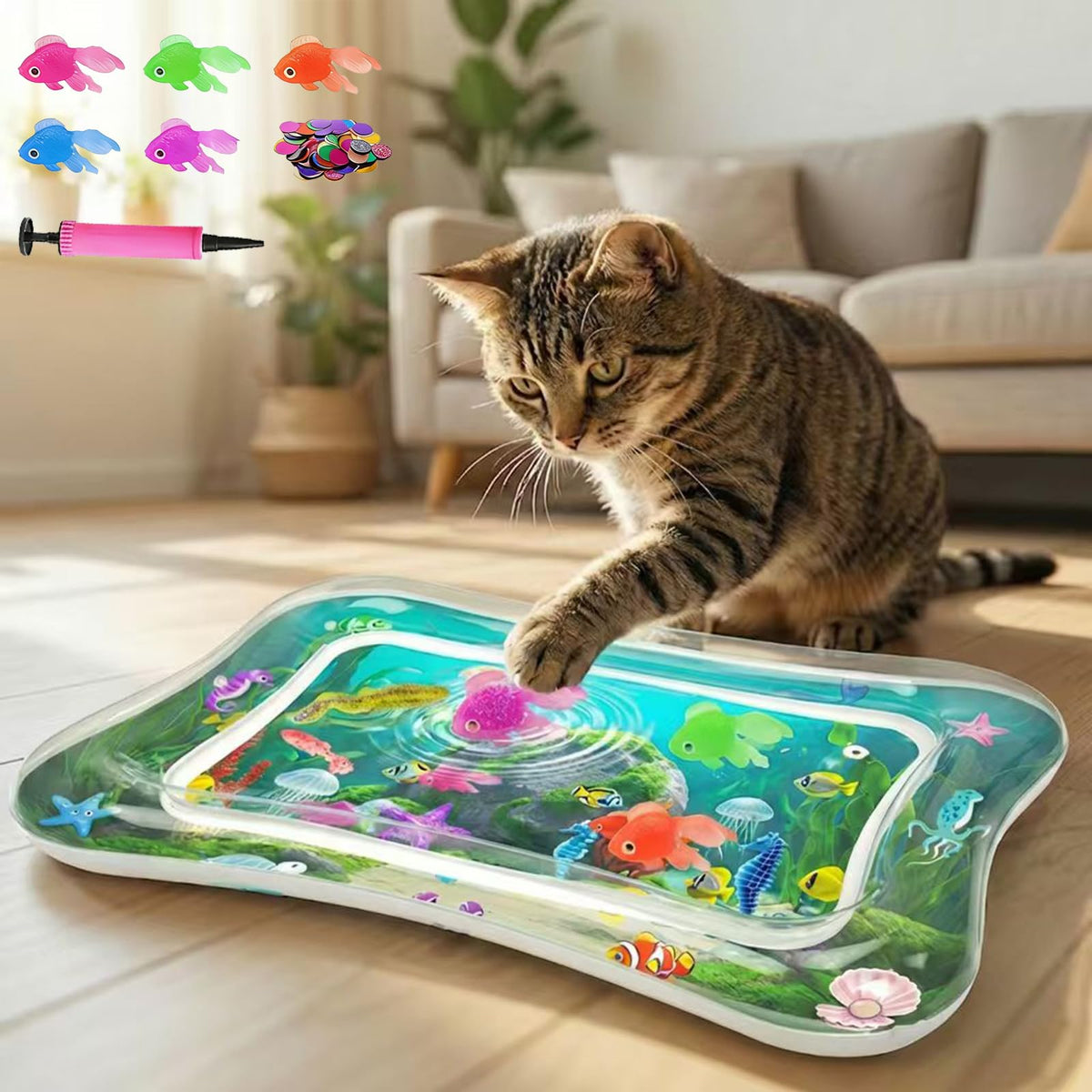 Interactive Cat Toy for Indoor Cats, Upgraded Cat Water Mat, Thickened Water Sensory Play Mat with Fish, Enrichment Stimulating Toy for Bored Adult Kitten Cats to Exercise, Hunting