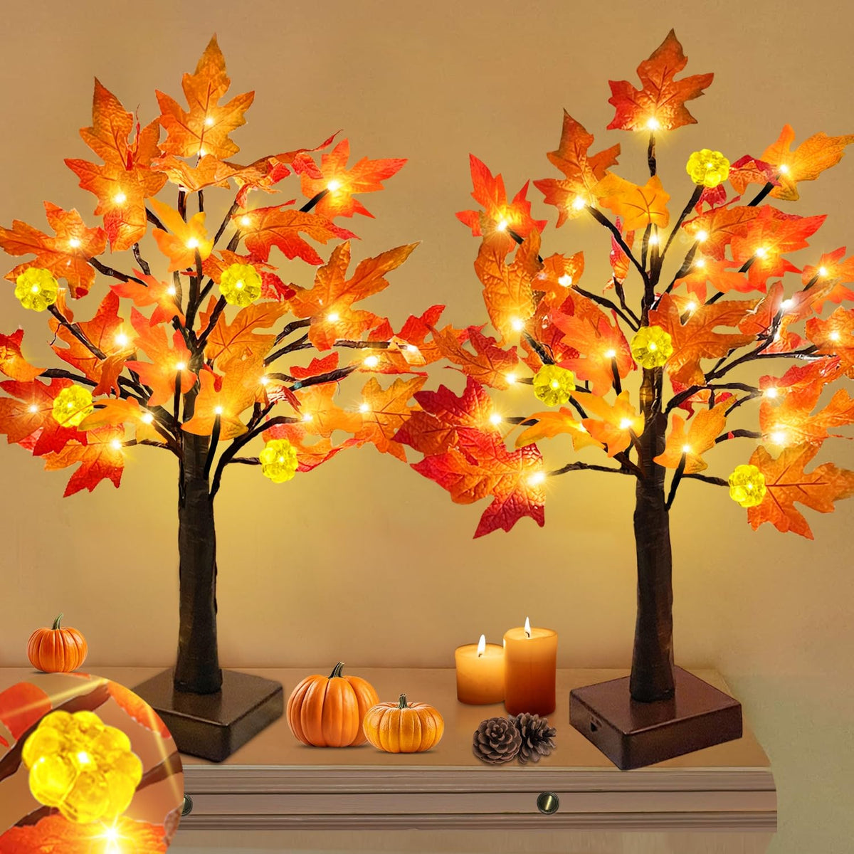 TURNMEON Thanksgiving Decor 2 Pack 18 Inch Prelit Fall Maple Tree 48 LEDs