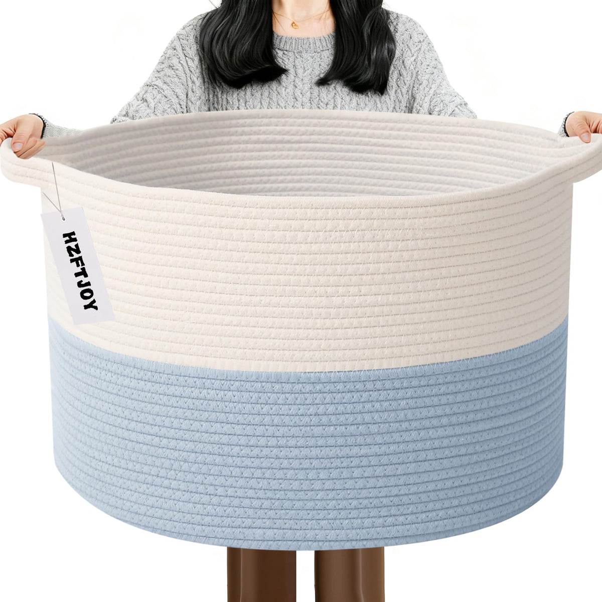 Large Woven Blanket Basket,65L Cotton Rope Laundry Basket Hamper with Handles, Decorative Nursery Basket Storage Bin for Toys, Clothes Organizer, Living Room, Bedroom, Bathroom, White & Brown