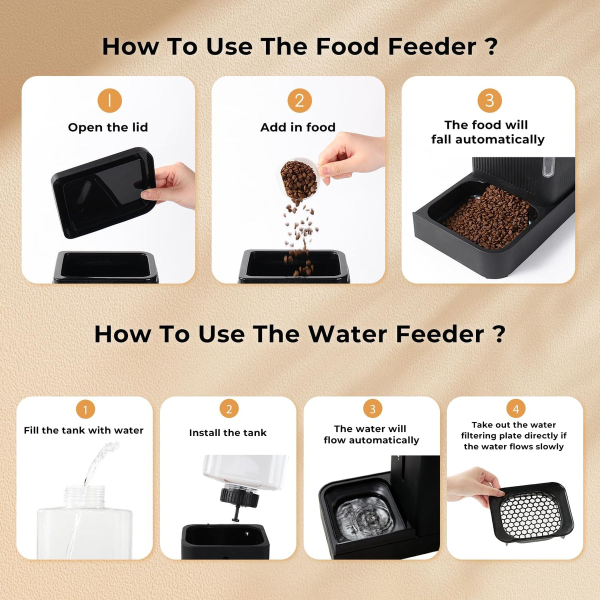 ZOMISIA Automatic Cat Feeder and Water Dispenser Set, 2 in 1 Gravity Cat Food Dispenser with 180 Degree Rotatable, Pet Self Feeding Large Capacity for Small Dogs Puppy Kitten, Black, 0.8 Gallon x 2
