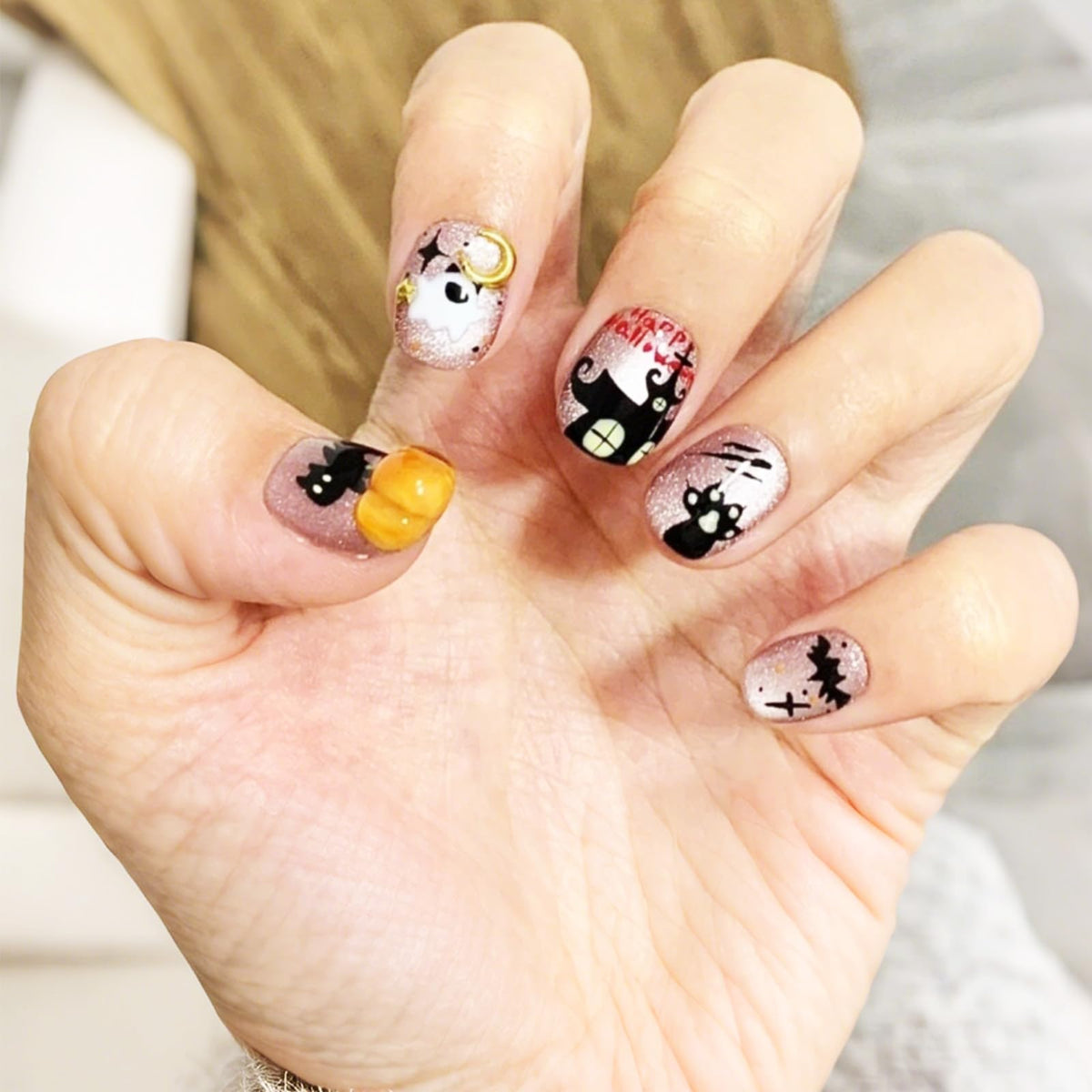 48Pcs Halloween Press on Nails Ghost Stick on Fingernails Monster Short Square False Nails Glossy Black Spider Web Acrylic Fake Nail Skull Gel Glue on Nail for Coquette Women Girls