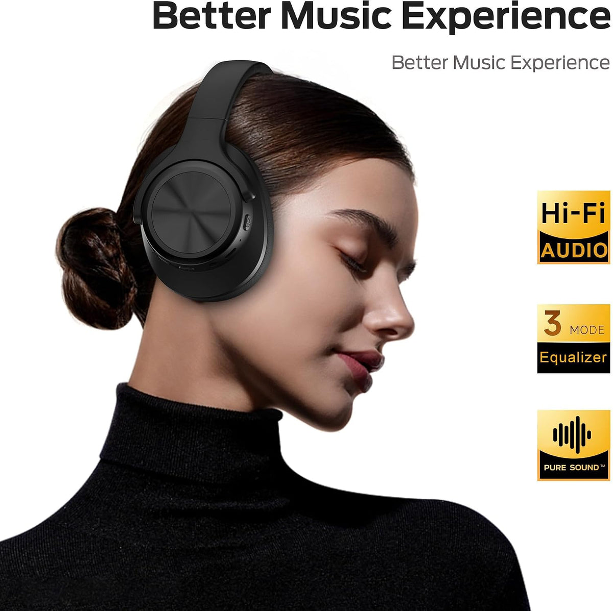 Oraolo Mission 200 Bluetooth Headphones, Over-Ear Bluetooth 5.3 Headset, 3 EQ Modes 60H Playtime, Low Latency HiFi Deep Bass for PC Cellphone Home Black