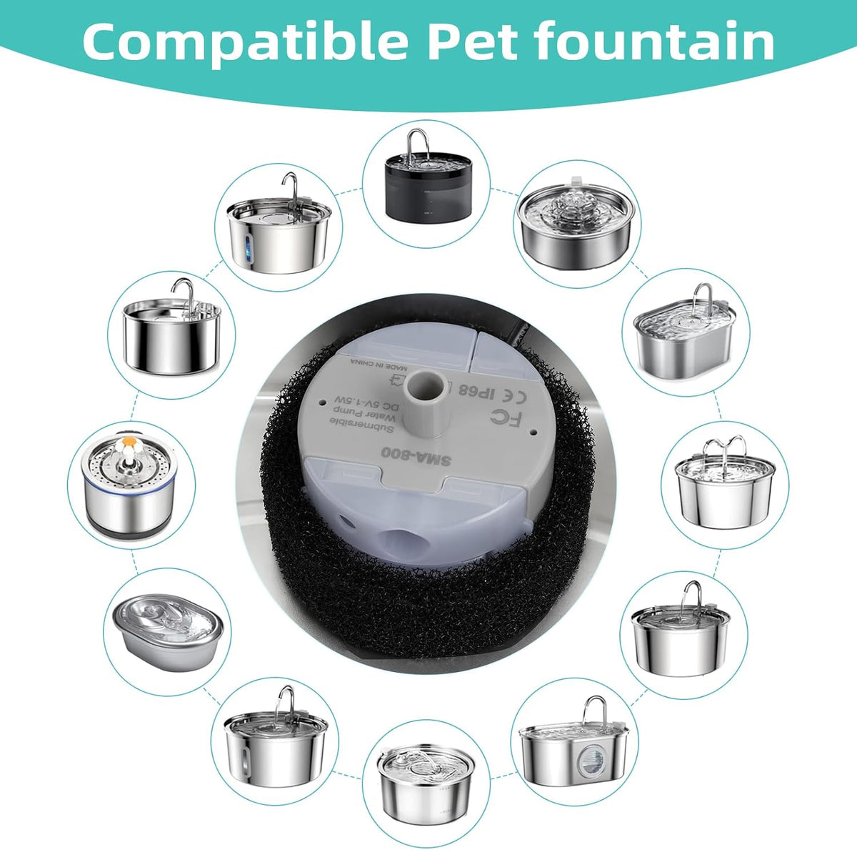Ultra-Quiet Replacement Pump for Stainless Steel Cat Water Fountains - SMA-800 Motor - Safe and Easy to Clean with Low Voltage DC 5V and USB Cable (Pump) (Side Pump)