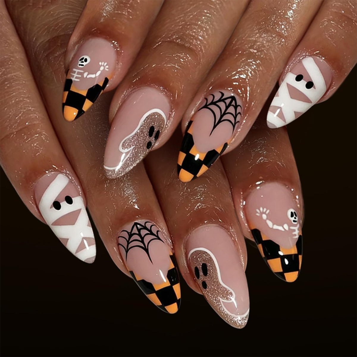 Halloween Black Press On Nails Short Oval Cute Ghost Pumpkin Fake Nails