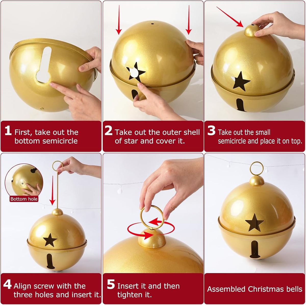 Christmas Decor, Set of 3 Giant Metal Christmas Bells (7.1", 9.84", 12.2")