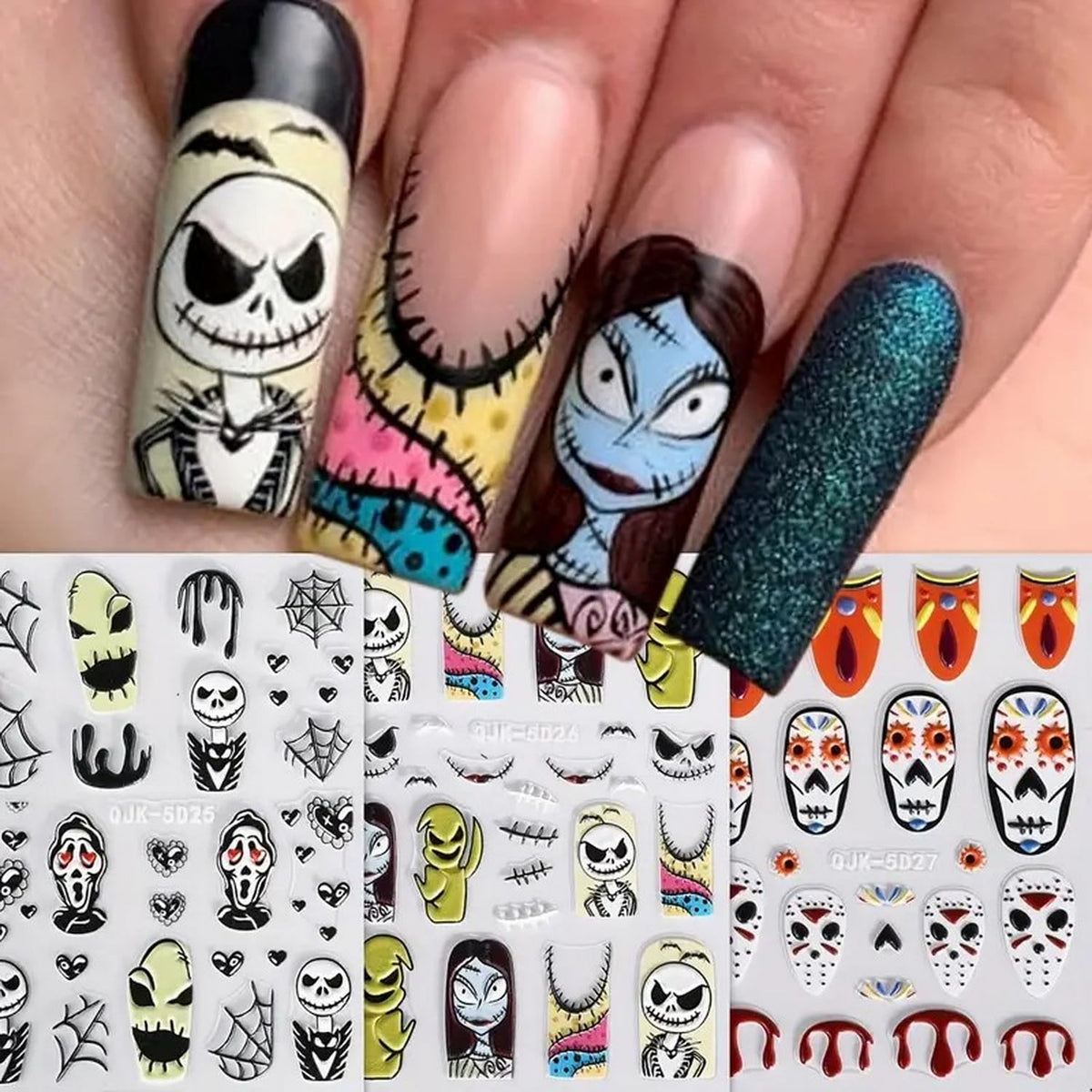 Halloween Nail Art Stickers Cute Ghost Pumpkin 3D Self-Adhesive Nail Decals Bat Cat Skull Designs Nail Decorations Halloween DIY Manicure Supplies for Women Girls&Kids 6Pcs