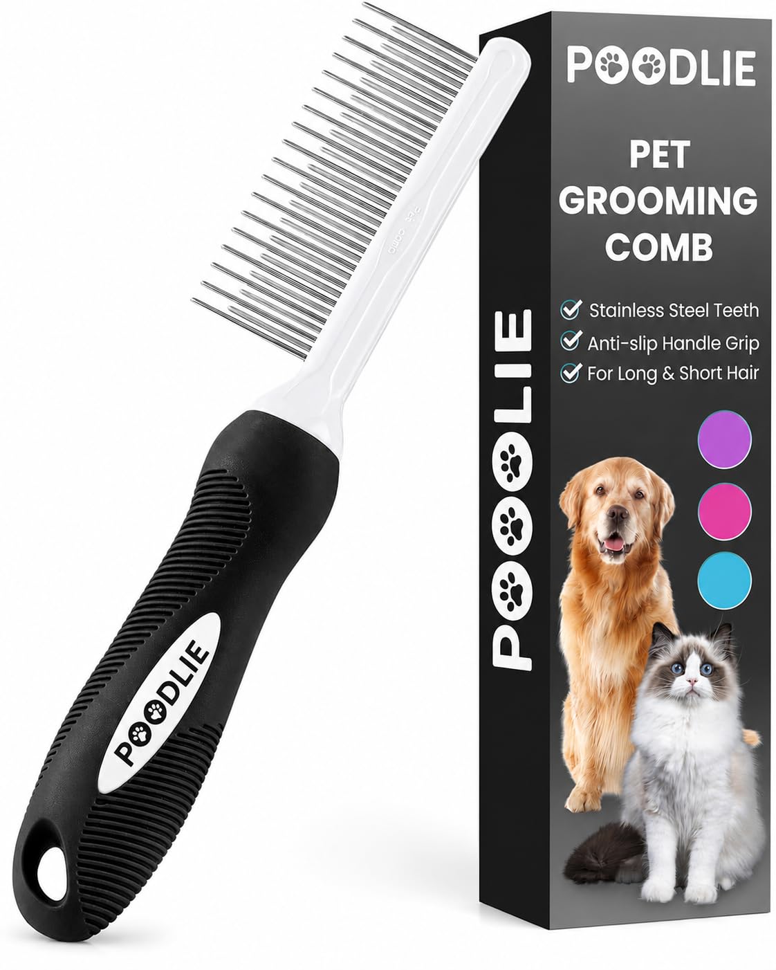 Poodle Pet Detangling Pet Comb with Long & Short Stainless Steel Teeth for Removing Matted Fur, Knots & Tangles – Detangler Tool Accessories for Safe & Gentle DIY Dog & Cat Grooming