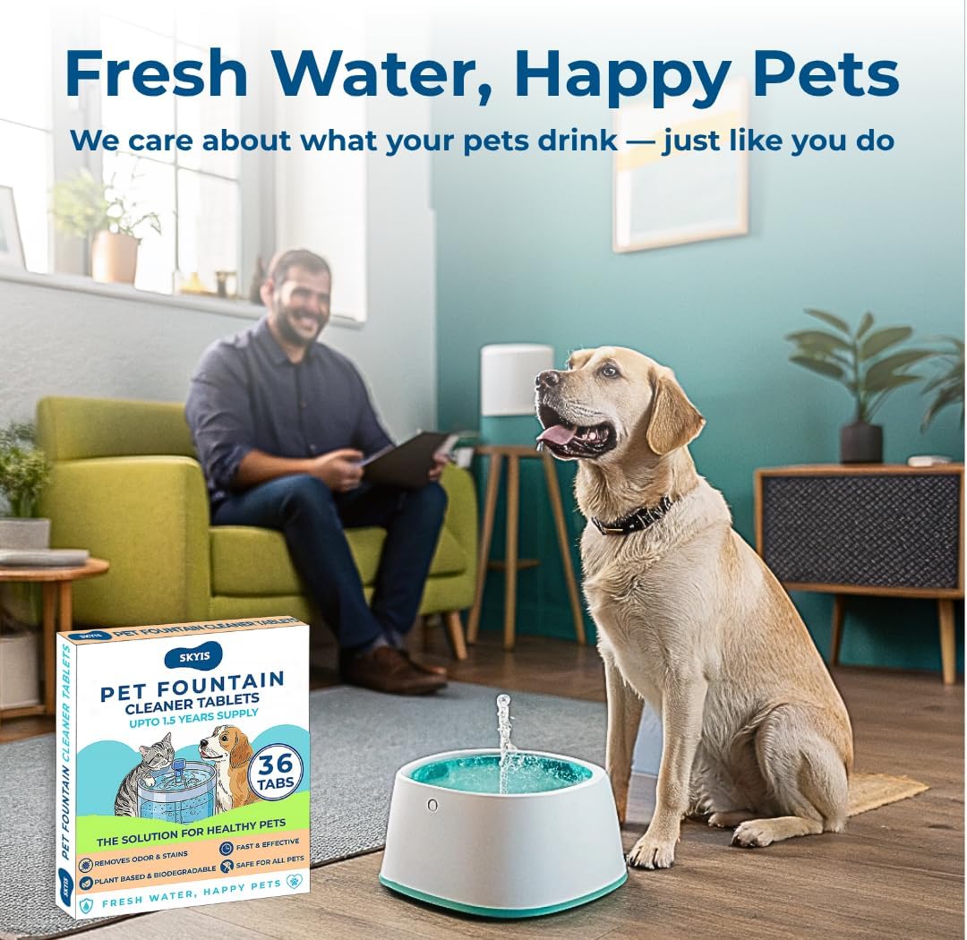 Skyis Pet Fountain Cleaner Tablets 36-Pack Cat & Dog Water Fountain Cleaning Kit Removes Limescale, Mineral Buildup & Biofilm All Brands Compatible Pet-Safe 1 Year Supply