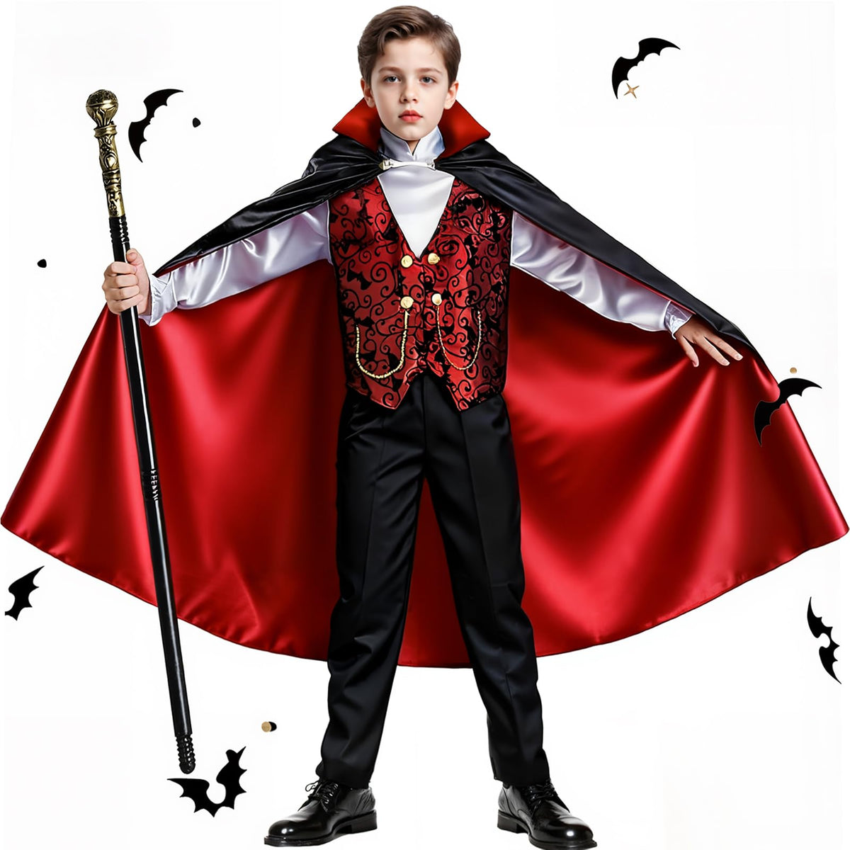 Boys Vampire Costume Set, Halloween Party Vampire Cosplay Outfit with Cape, Shirt, Pants & Cane, kids dracula costume