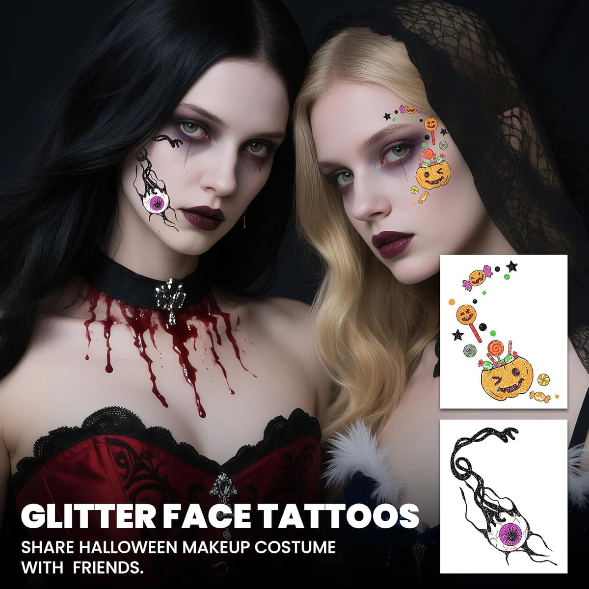 Halloween Glitter Freckle & Gems, Face Tattoo for Women Makeup Decorations