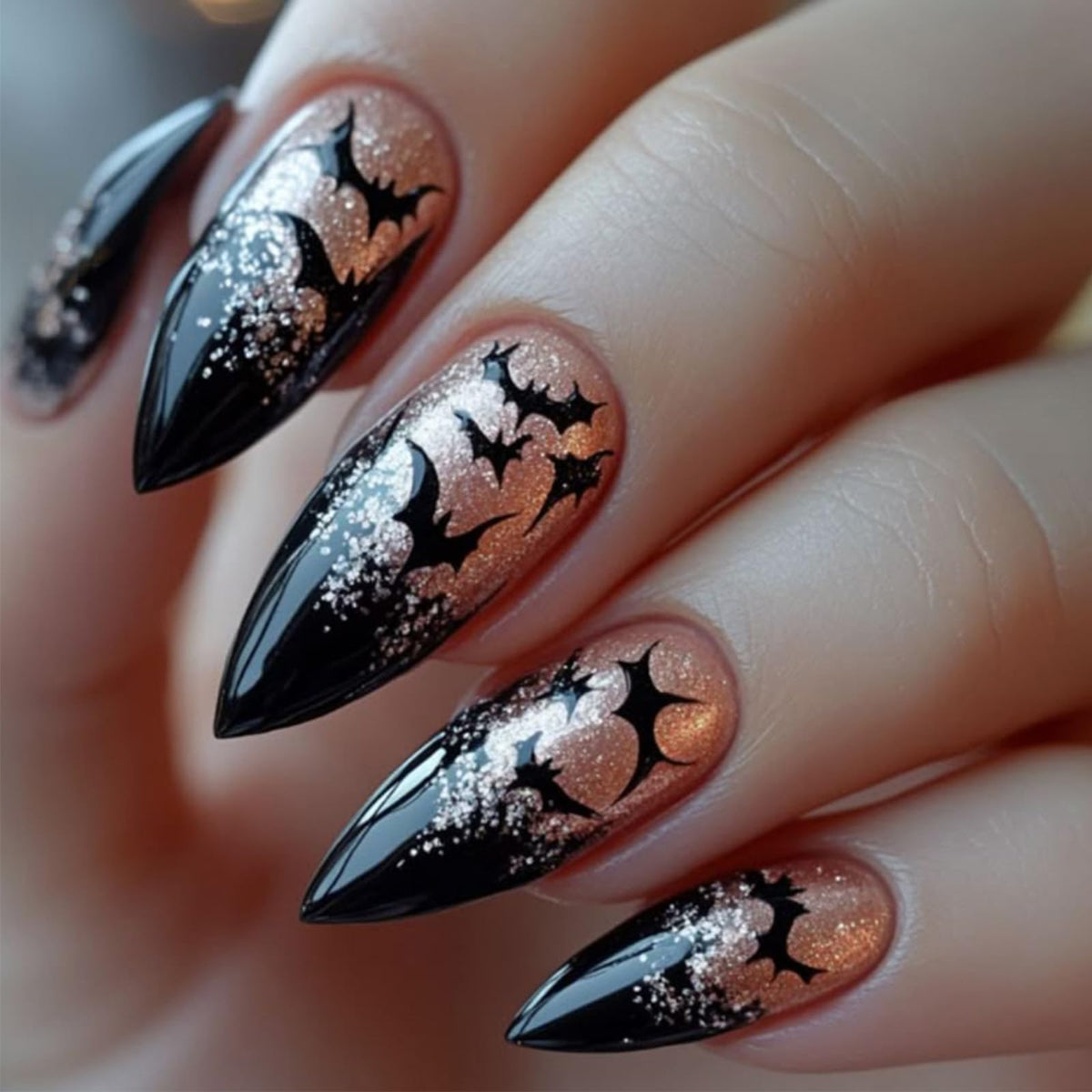 48Pcs Halloween Press on Nails Ghost Stick on Fingernails Monster Short Square False Nails Glossy Black Spider Web Acrylic Fake Nail Skull Gel Glue on Nail for Coquette Women Girls