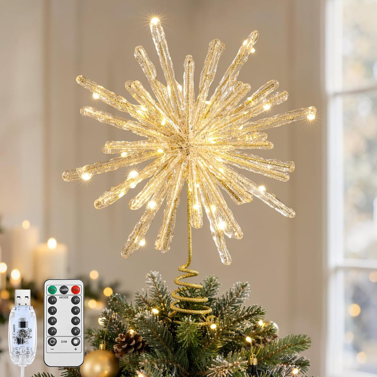 Lewondr Crystal Firework Christmas Tree Topper with Lights, Gold