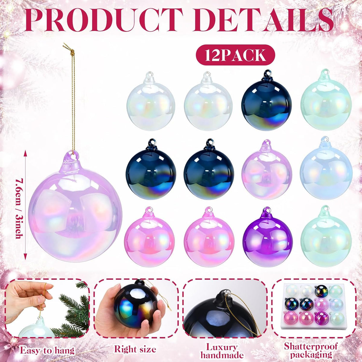 Seenelling 12 Pcs Iridescent Pastel Glass Christmas Ball Ornaments for Tree
