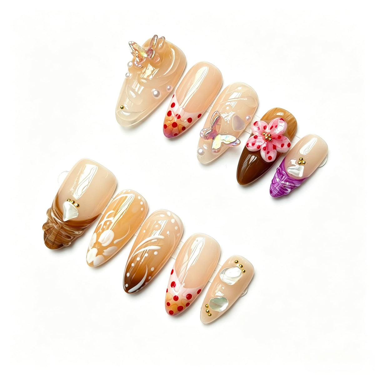 Luxury Handmade Press on Nails - Long Square White French Tips Press on Nail with Almond 3D Rhinestones, Flowers & Butterflies, Acrylic Multi-Layer Gel False Nails for Women (10Pcs Size M)