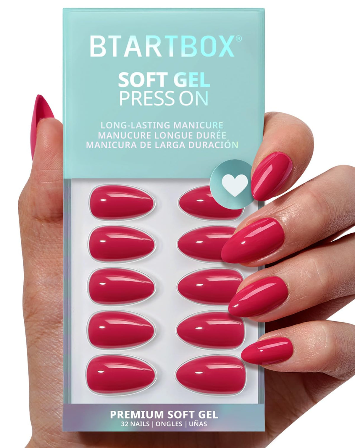 BTArtbox Press On Nails Square - Solid Pink Short Press On Nails with Glue for Women, Opaque Soft Gel Glue On Nails in 16 Sizes - 32 Stick On Nails Kit, Yoga