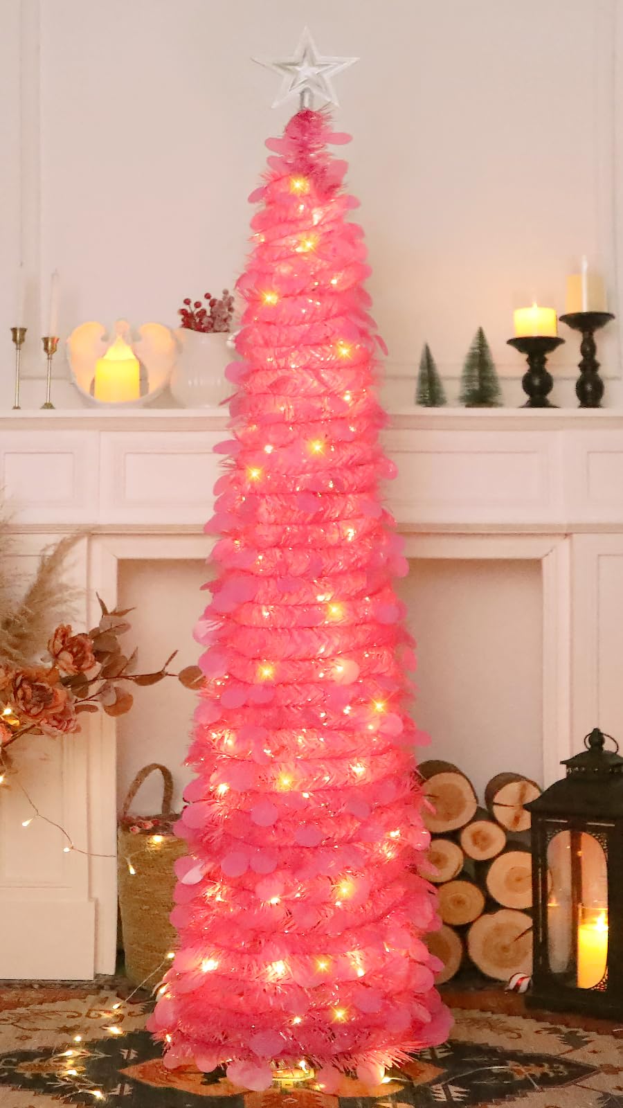 HMASYO 6 FT Pop Up Christmas Tree with 100 LED Timer Lights & Remote, Green Christmas Tinsel Tree, Collapsible Artificial Pencil Tree for Home Office Party Decor, USB Powered, Easy Assembly