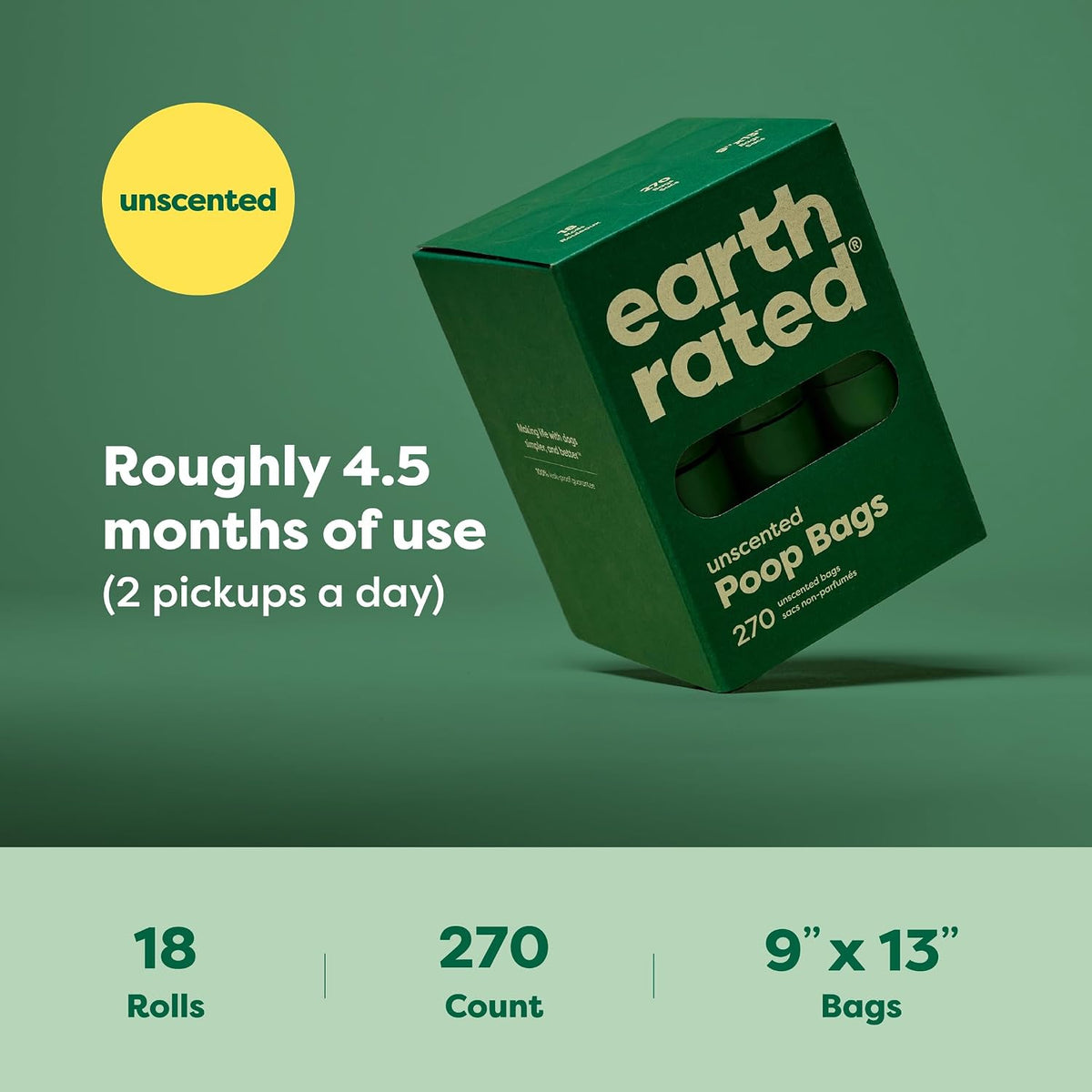 Earth Rated Poop Bags for Dogs, Guaranteed Leak Proof and Extra Thick Waste Bag Refill Rolls, Unscented, 270 Bags