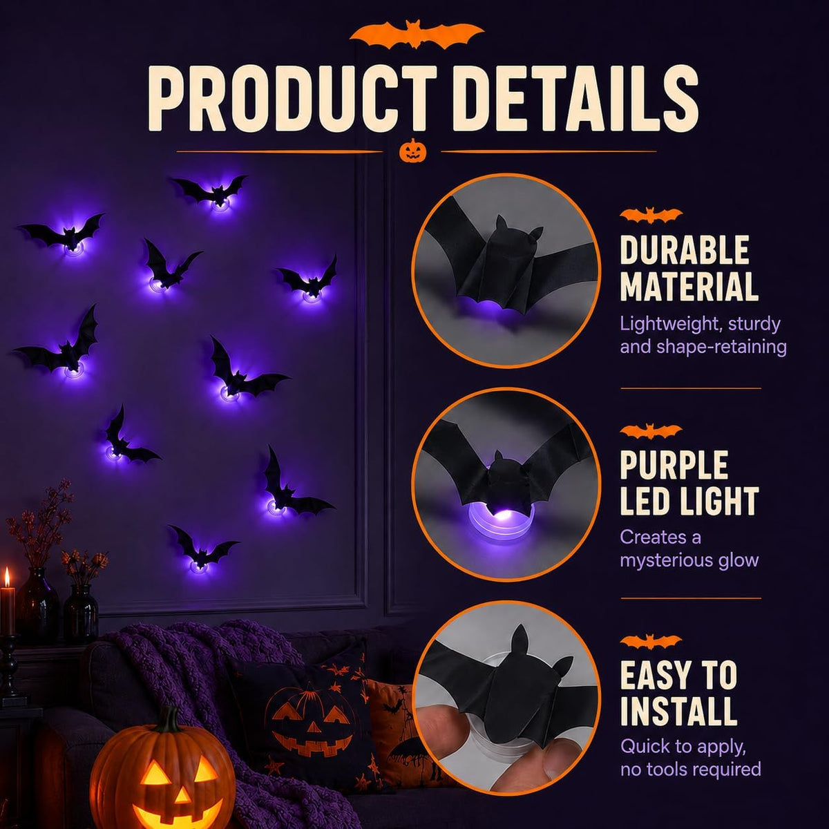 Spooky Glow 3D LED Bat Wall Decor, Hanging Bat for Halloween Decoration, 12