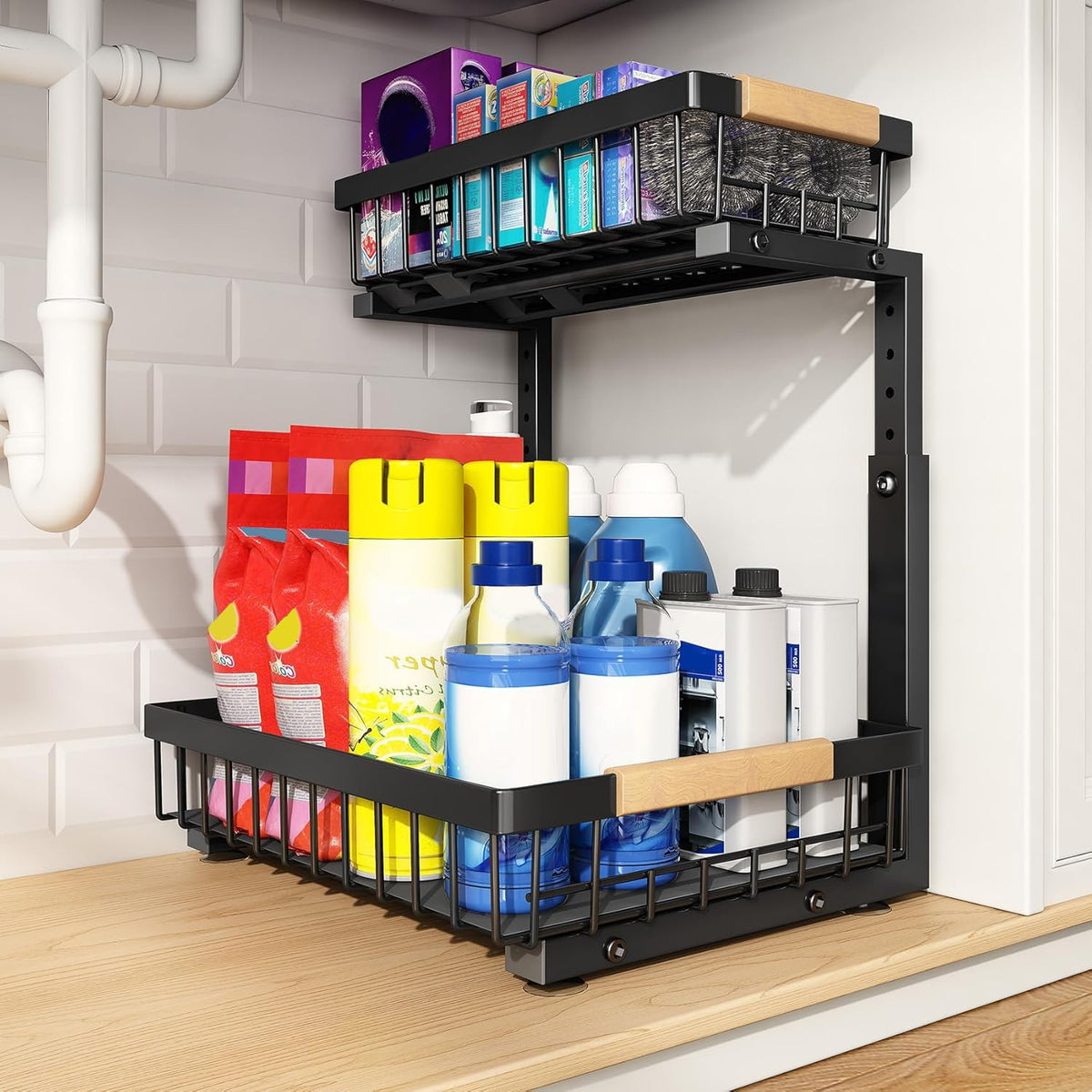 PXRACK Under Sink Organizer, Adjustable Height, 2 Tier Pull Out Under Cabinet Organizer, Slide Out Thickened Metal Under Sink Storage for Kitchen Bathroom Laundry Pantry Cabinet, White, Large-2-Pack