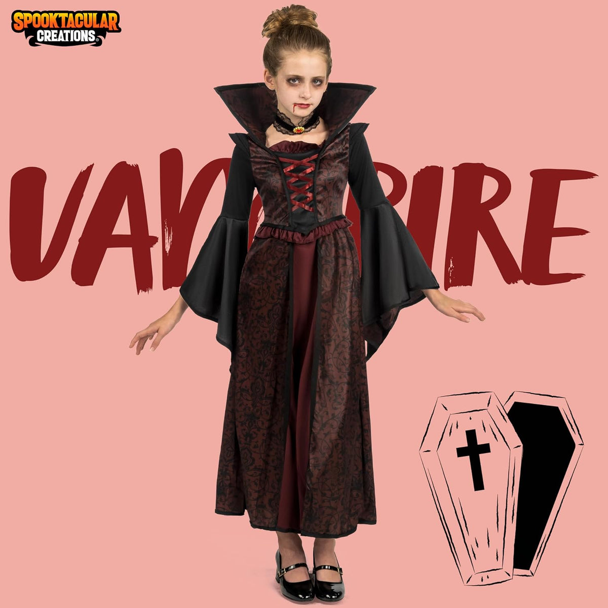 Spooktacular Creations Halloween Royal Vampire Costume Set for Girls Halloween Dress Up Party, Cosplay, Vampire-Themed Party