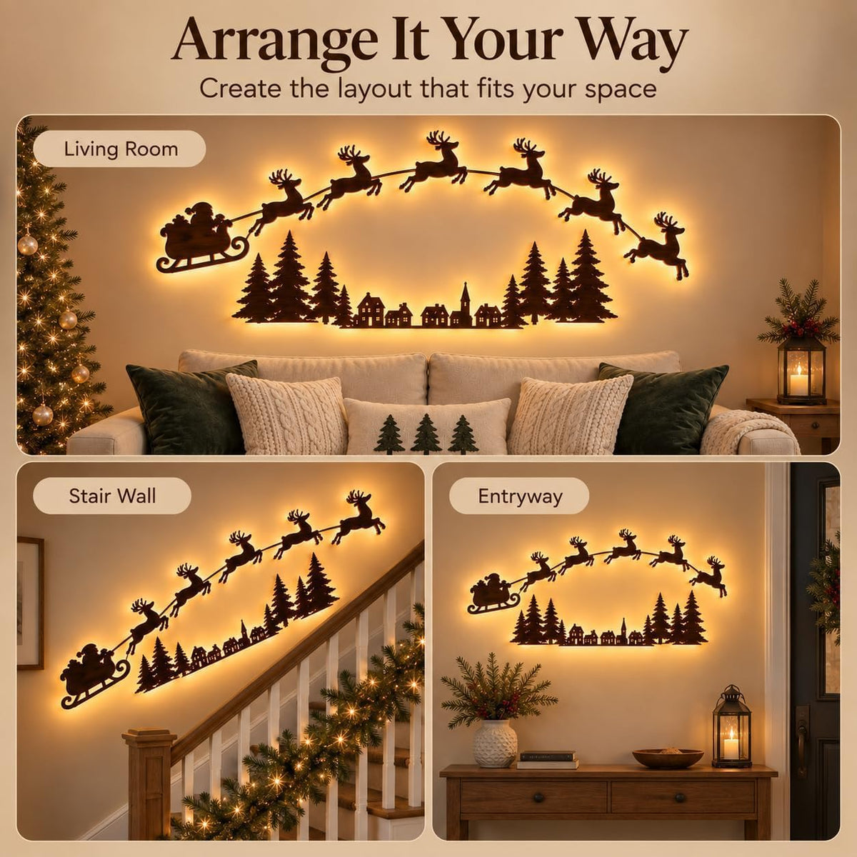 LED Reindeer Wall Decorations,3D Wooden Christmas Lighting Decor