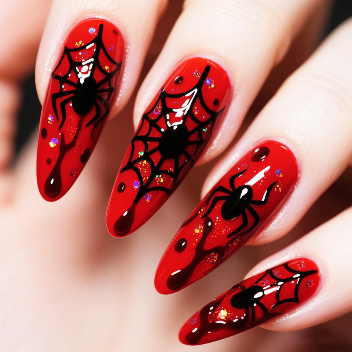 48Pcs Halloween Press on Nails Ghost Stick on Fingernails Monster Short Square False Nails Glossy Black Spider Web Acrylic Fake Nail Skull Gel Glue on Nail for Coquette Women Girls