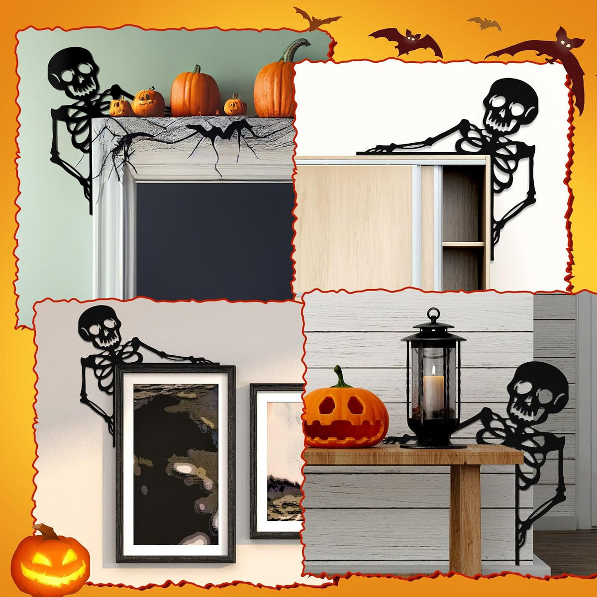 Yaocom 11.8" x 11.8" Metal Halloween Door Topper, Black Skeleton Sign