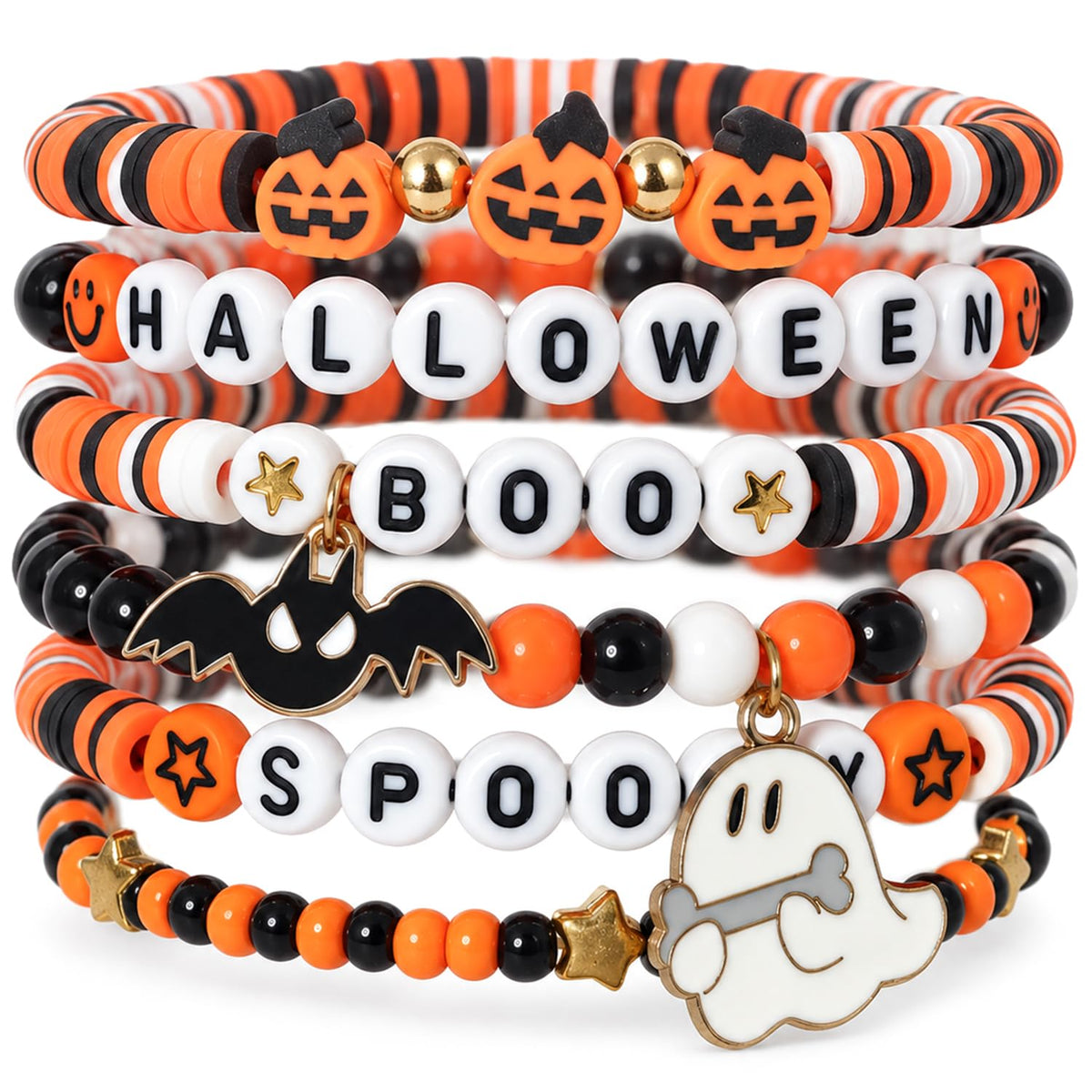 Halloween Bracelets Set for Women,10Pcs Stocking Stuffer Clay Preppy Heishi Boo Skull Charm Beads Stackable Bracelet Adjustable Friendship Holiday Stretch Jewelry Gift