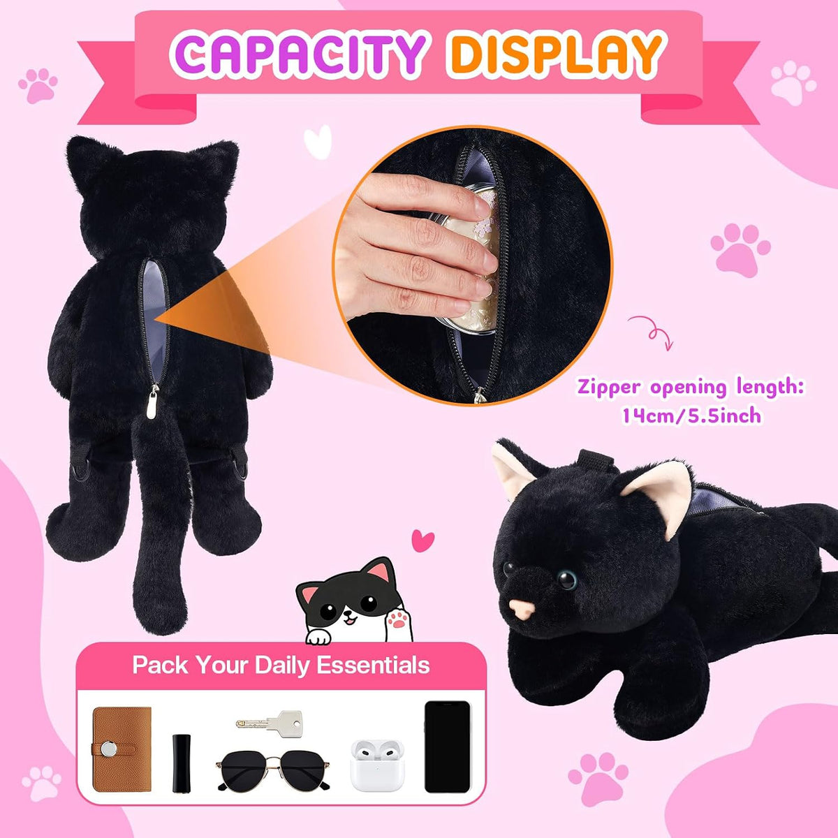 Cat Shaped Purse for Women Crossbody Bag Plush Black Funny Furry Fuzzy Shoulder Bag Cute Animal Purse(Black Cat)