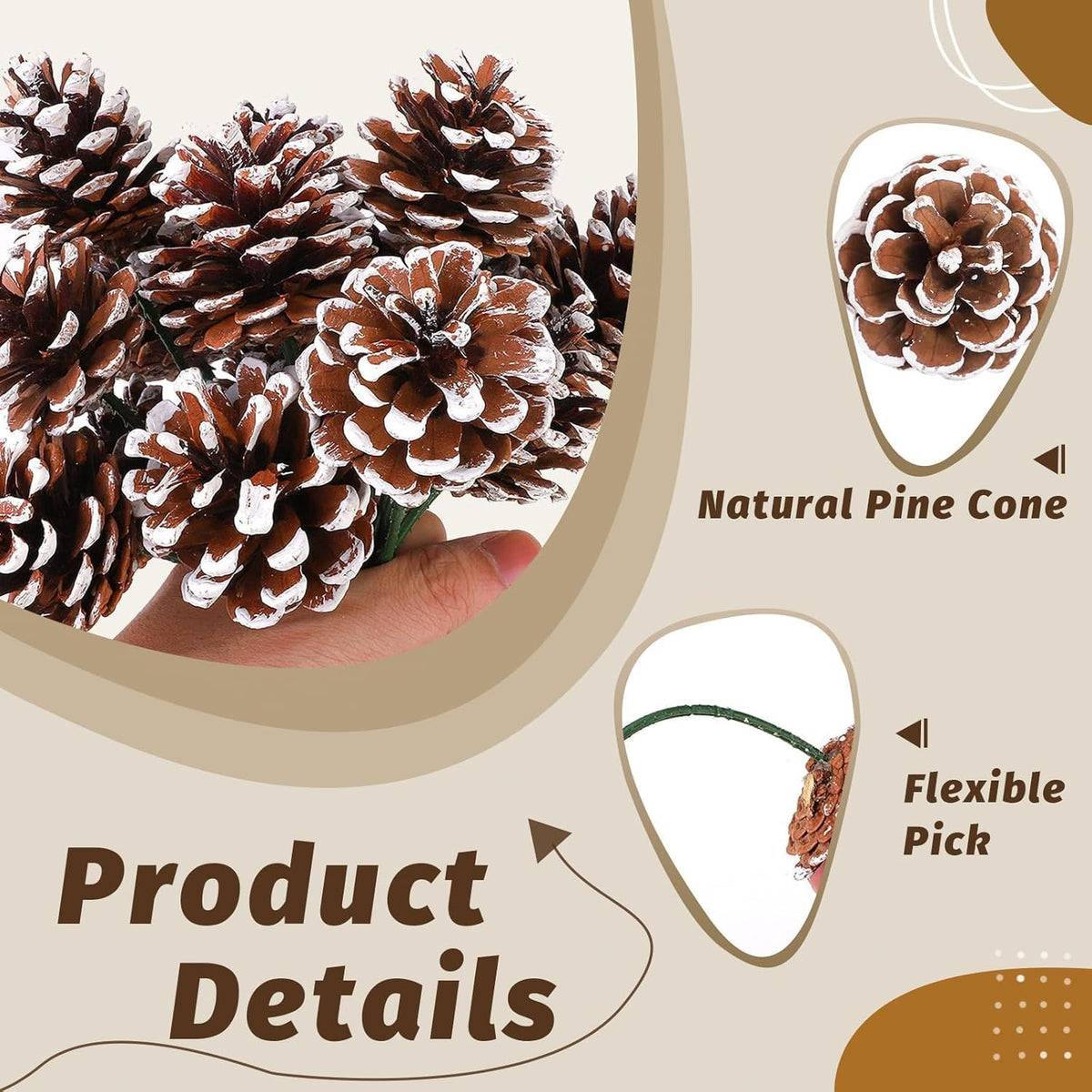 20 Pieces Christmas Pine Cones Decorations Picks, 2 Inch Natural Pine Cones Snow Tipped with Wired Picks White Craft, for Xmas Tree Garland Wreath Ornaments Pinecones Decorating