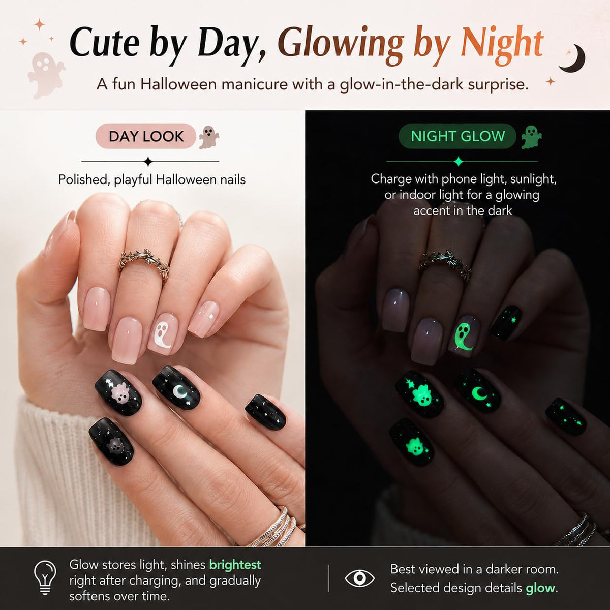 CurvLife Short Square Halloween Glow-in-the-Dark Press On Nails