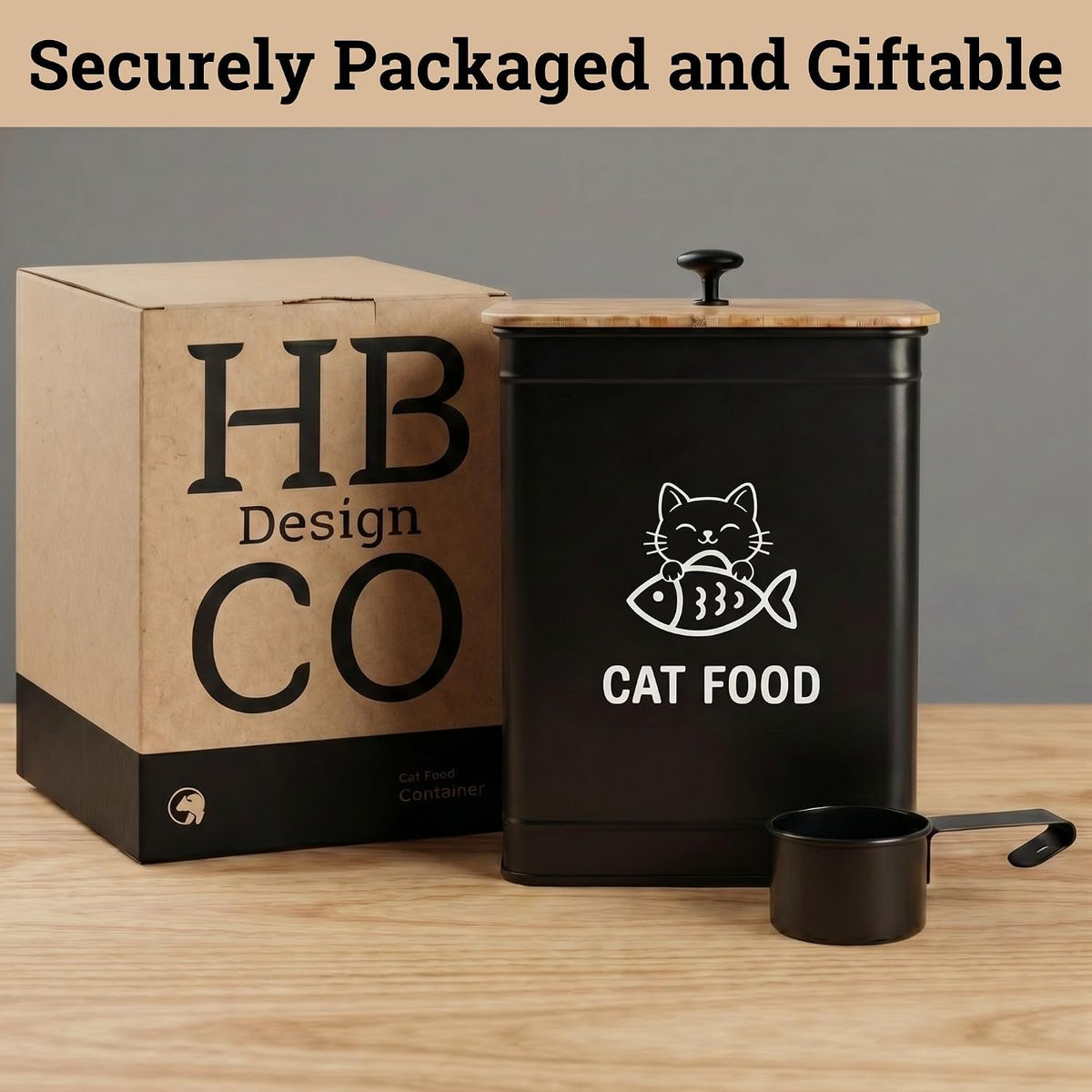 Cat Food Container with Scoop 5-7 lb (25 Cup), with Airtight Bamboo Lid | Cat Kibble Canister with Metal Scoop, 25 Cups, Chew Proof Iron Body, Powder Coated, Airtight Bamboo Lid, Sturdy Metal Handle