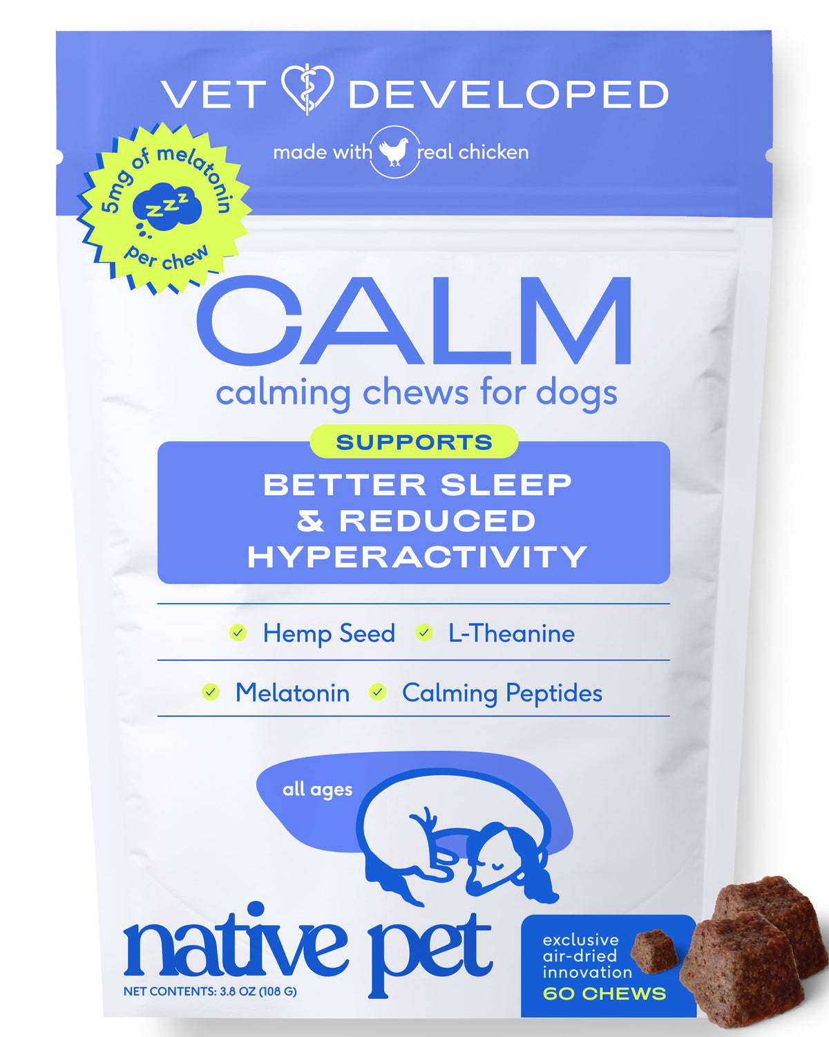 Native Pet Calming Chews for Dogs Medium Breed - 60 Calming Dog Treats - Hemp Seed, Melatonin, L-Theanine - Supports Calm Behavior - 30 Chews