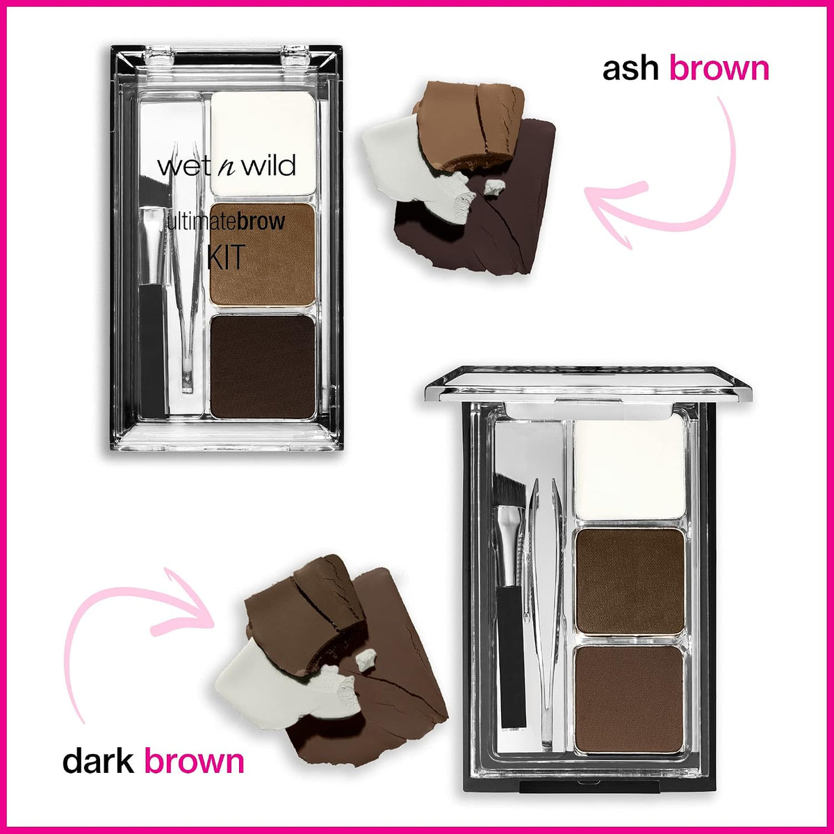 wet n wild Ultimate Eyebrow Makeup Kit, Long-Lasting Matte Brow Powder, Tweezers, Wax & Brush, Built-In Mirror, Purse-Friendly Compact - Dark Brown