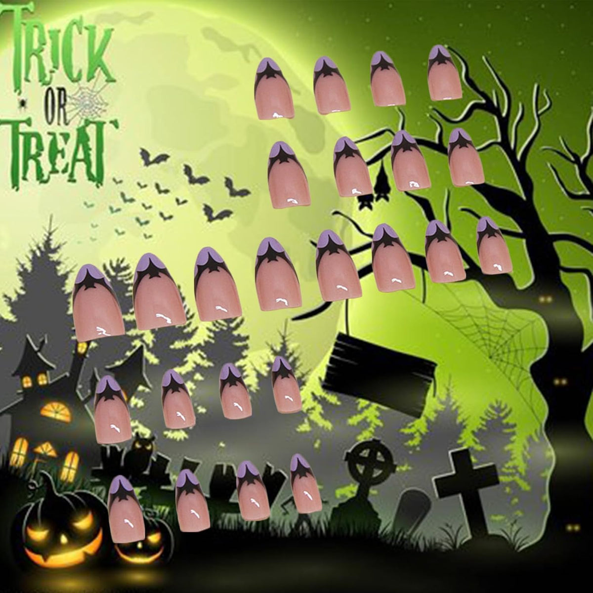Halloween Bat Press on Nails for DIY Manicure Glossy Purple French Tips 24Pcs Acrylic Medium Almond False Nails Gel Glue on Nails Evil Bats Fake Nails Stick on Nails for Women Girls French Tips Design