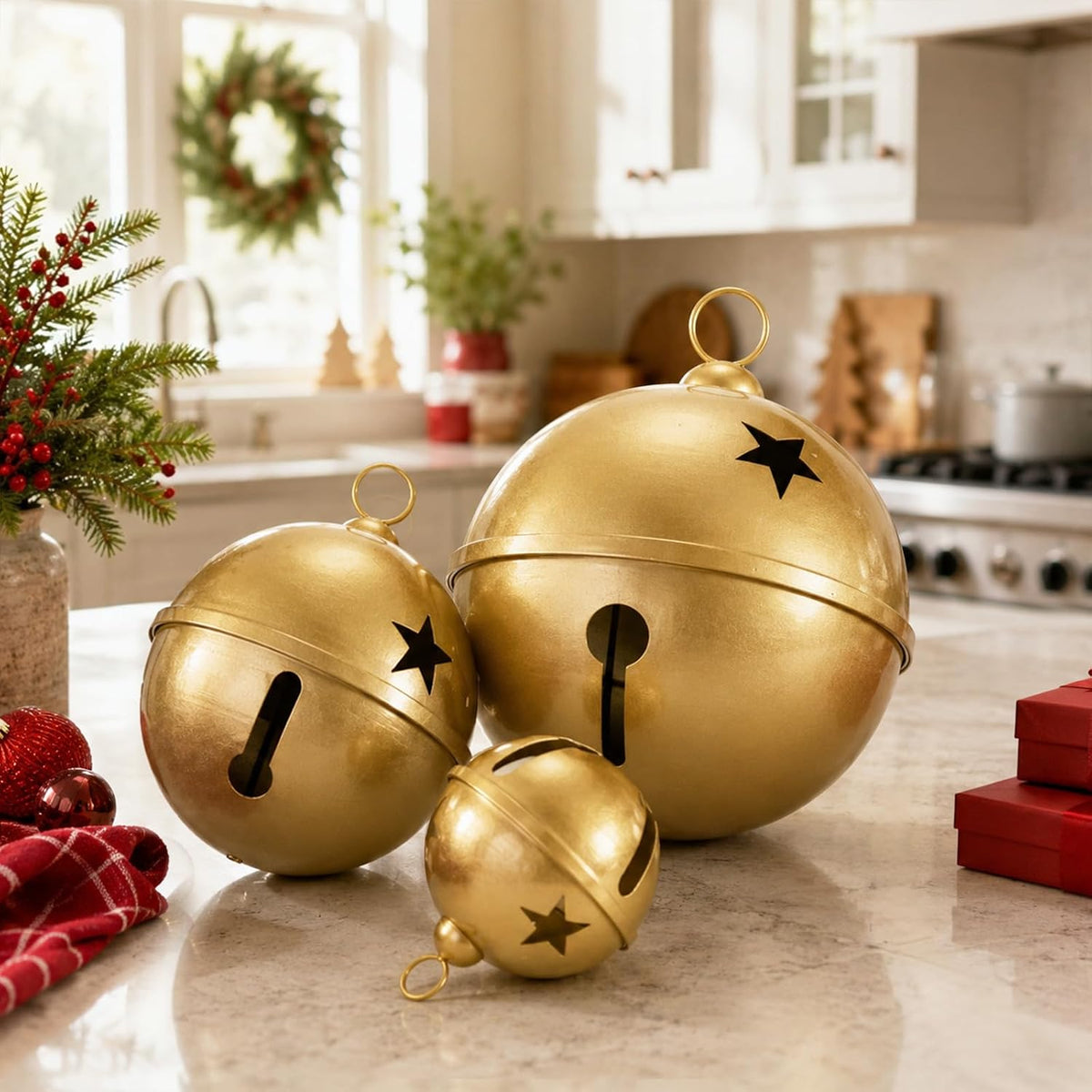 Christmas Decor, Set of 3 Giant Metal Christmas Bells (7.1", 9.84", 12.2")
