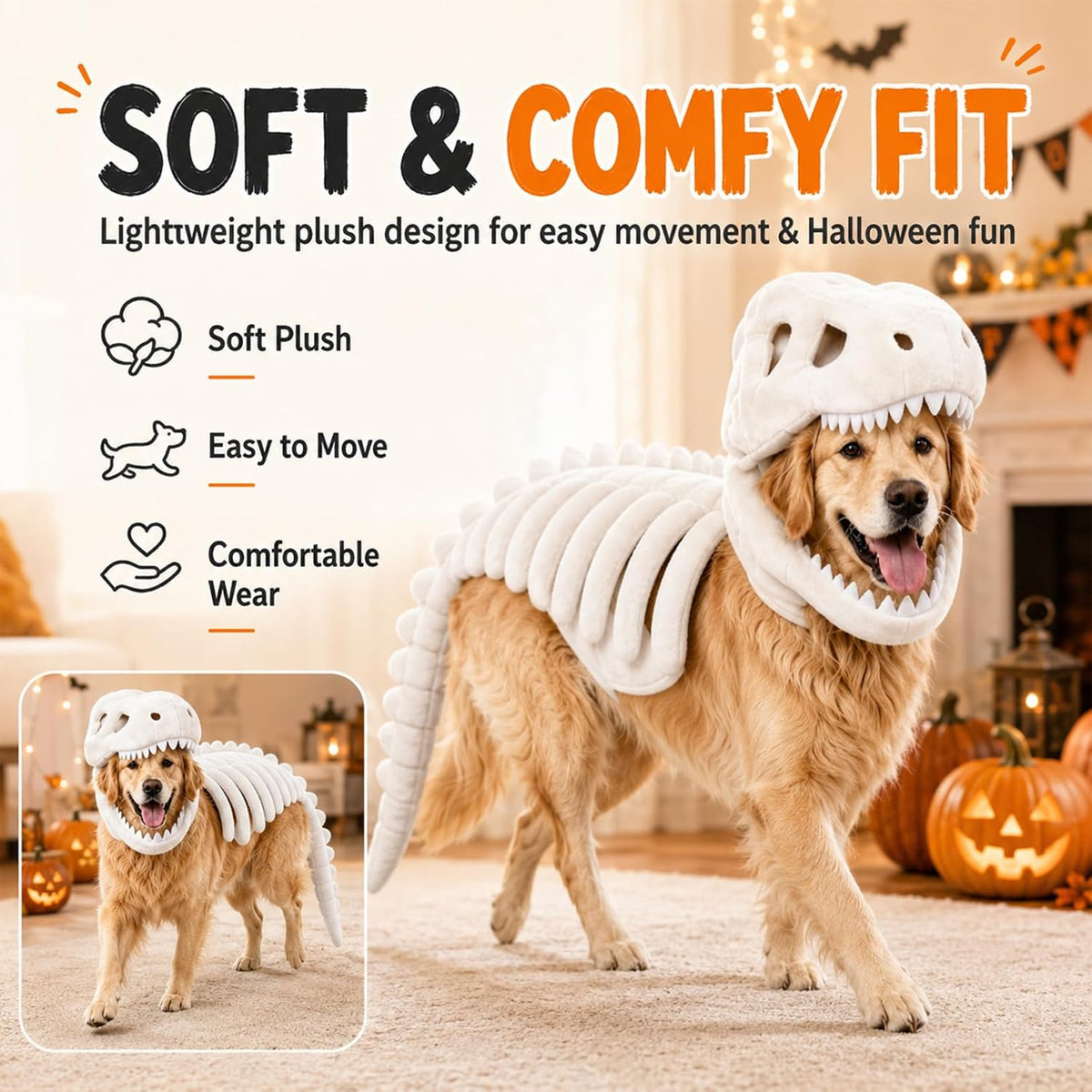 Dog Dinosaur Costume, Glow in the Dark Dinosaur Halloween Costume for Dogs (47.2inch(Big Dog))