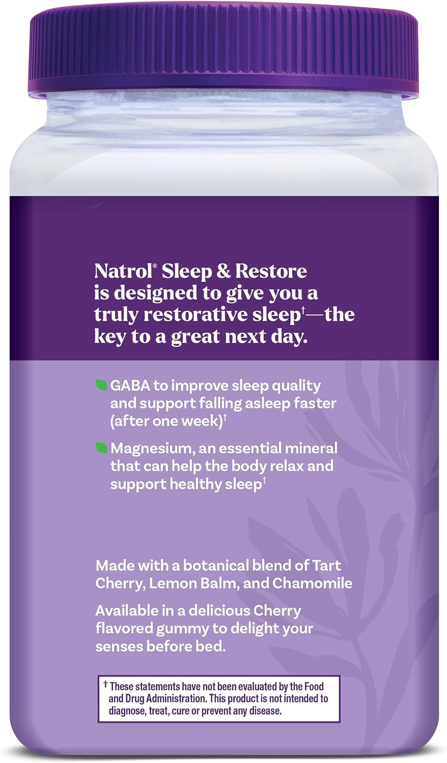 Natrol Sleep & Restore Magnesium Glycinate Blend Gummies, Cherry, 60 Count | Melatonin-Free, Nightitme Sleep-Aid for Adults, Calm Magnesium Glycinate with GABA, Botanical Blend, 100% Drug-Free
