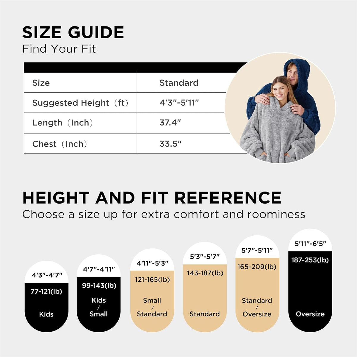 Bedsure Soft Wearable Blanket Hoodies for Women, Grey, Standard