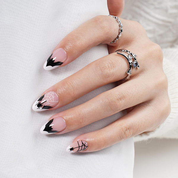 Halloween Press on Nails - French Tip Press on Nail with Blakc Web Bat, Short Almond Fake Nails Reusable Nails Press ons, 32 Pieces in 16 Sizes False Nails Kit with Glue, Grave Whisper