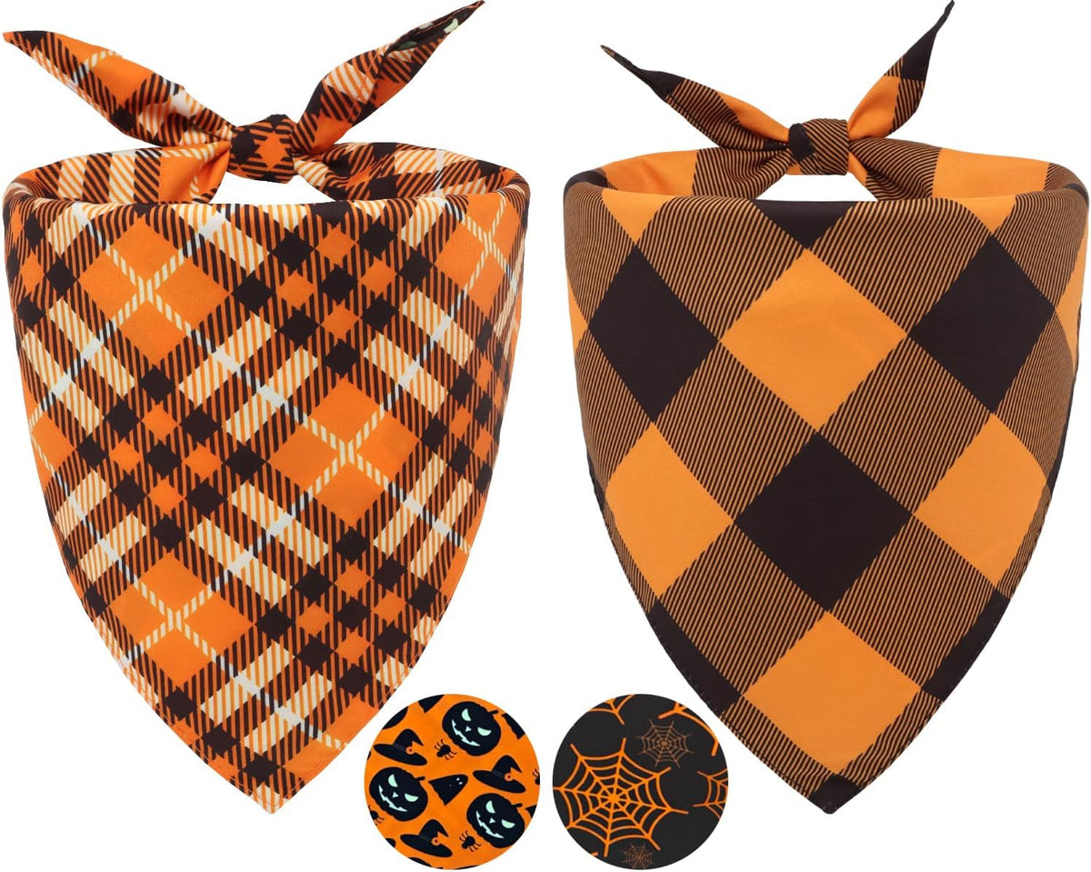 Fall Dog Bandanas 2PCS Halloween Pumpkin Spider Web Large Dogs | 2PCS reversible dog bandanas for fall & Halloween & Thanksgiving.Orange plaid/pumpkin/Spider Web design.Fits medium-large dog