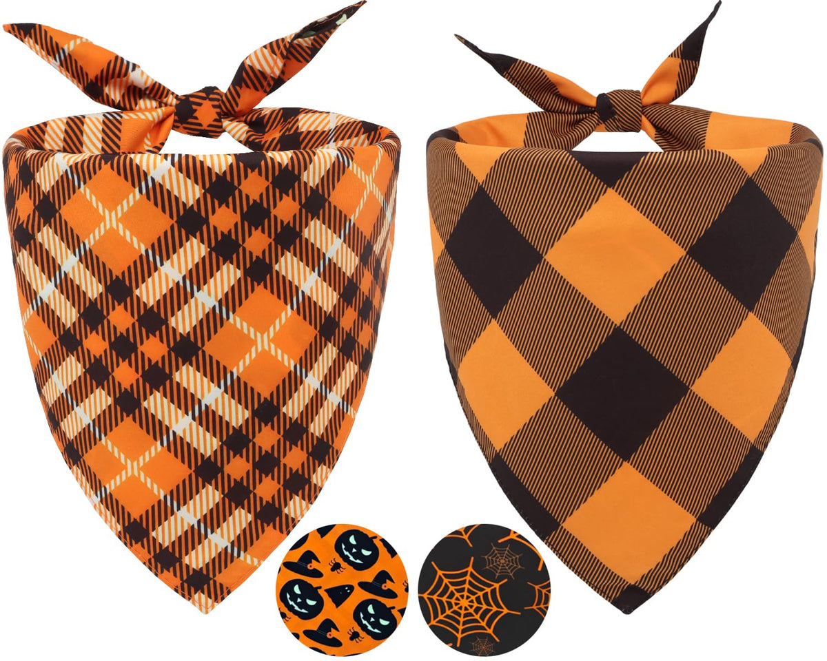 Fall Dog Bandanas 2PCS Halloween Pumpkin Spider Web Large Dogs | 2PCS reversible dog bandanas for fall & Halloween & Thanksgiving.Orange plaid/pumpkin/Spider Web design.Fits medium-large dog