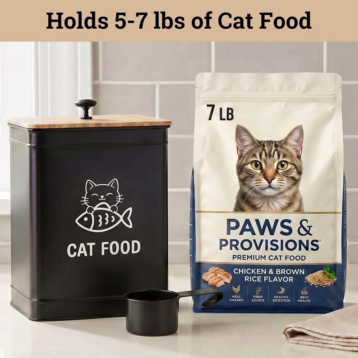 Cat Food Container with Scoop 5-7 lb (25 Cup), with Airtight Bamboo Lid | Cat Kibble Canister with Metal Scoop, 25 Cups, Chew Proof Iron Body, Powder Coated, Airtight Bamboo Lid, Sturdy Metal Handle