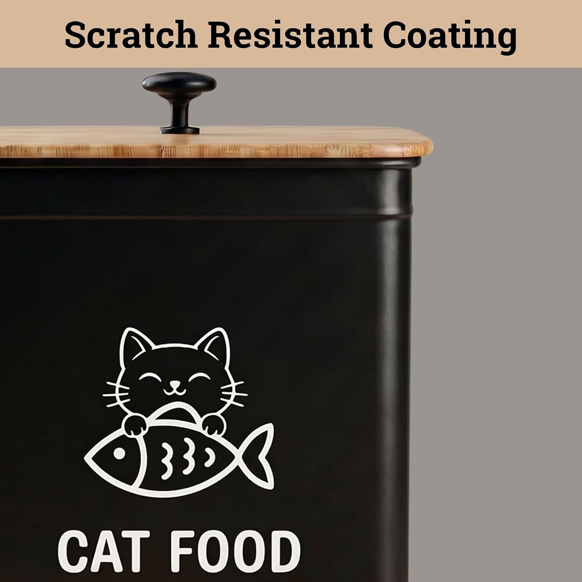 Cat Food Container with Scoop 5-7 lb (25 Cup), with Airtight Bamboo Lid | Cat Kibble Canister with Metal Scoop, 25 Cups, Chew Proof Iron Body, Powder Coated, Airtight Bamboo Lid, Sturdy Metal Handle