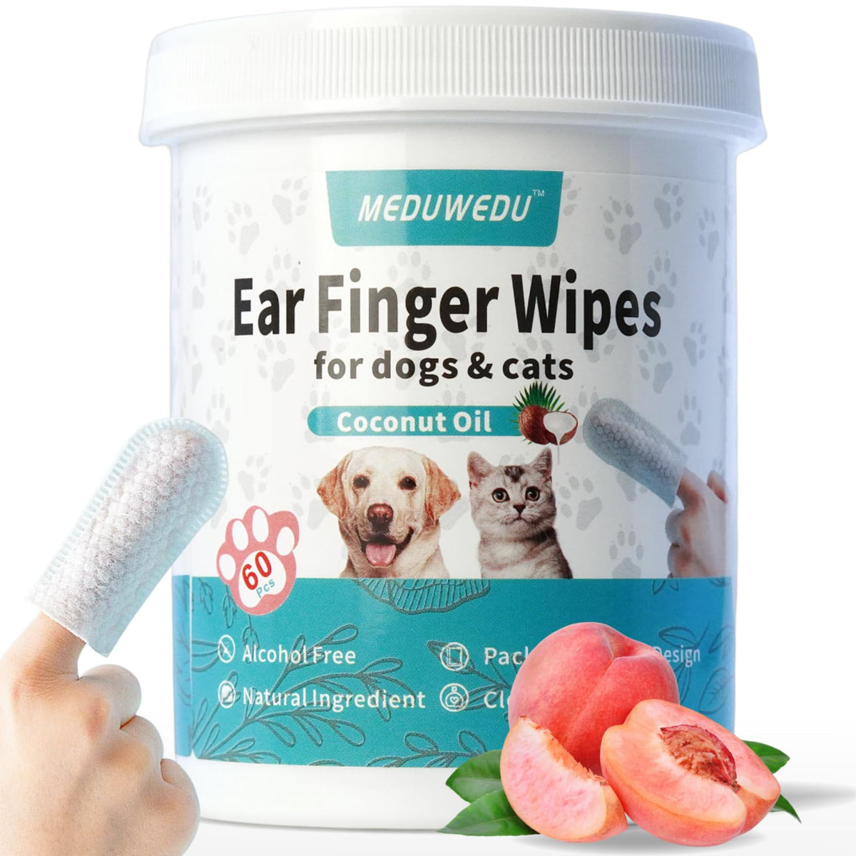 MEDUWEDU Ear Cleaner Finger Wipes 60 Counts, Dog Ear Cleaner, Grooming Kit Care for Dogs and Cats, Soft & Easy Otic Cleaning Pads, Remove Wax, Dirt & Stop Smelly, Itchy, Non-Irritating, Coconut Scent